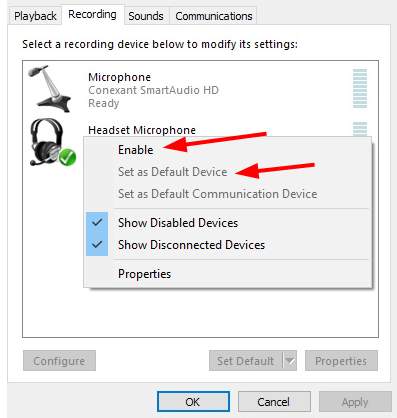 Enable mic and set as default