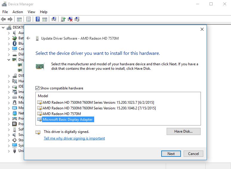 Microsoft-Basic-Display-Adapter brightness issues in windows 10