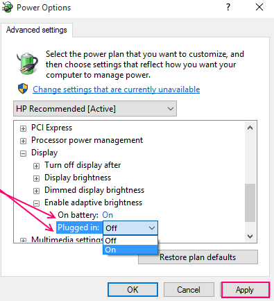 disable adaptive brightness