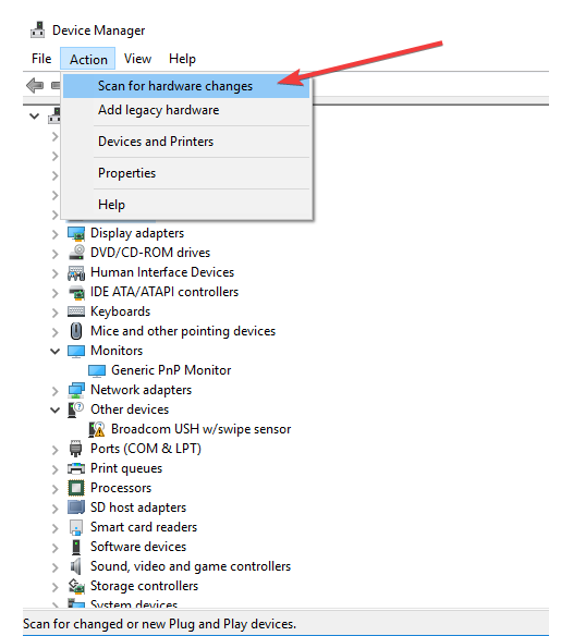 scan for hardware changes to fix the problem brightness adjustment