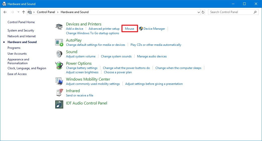 control panel hardware mouse disable touchpad windows 10