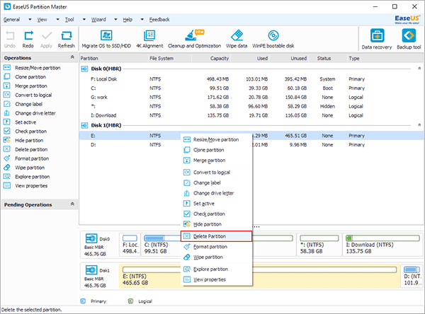 easeus partition manager delete efi partition in windows