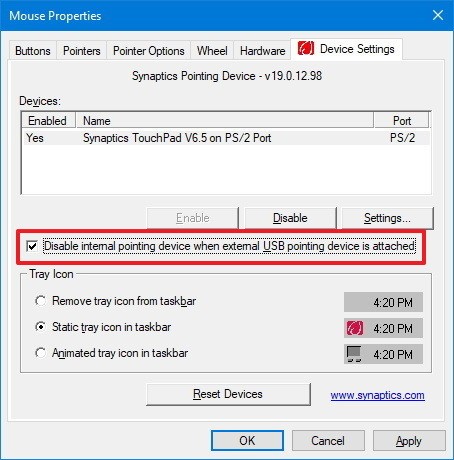 uncheck mouse properties synaptics disable touchpad windows 10