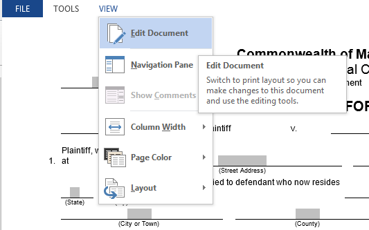 default word open in edit mode