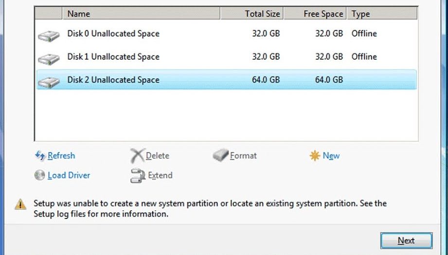 setup was unable to create a new system partition error