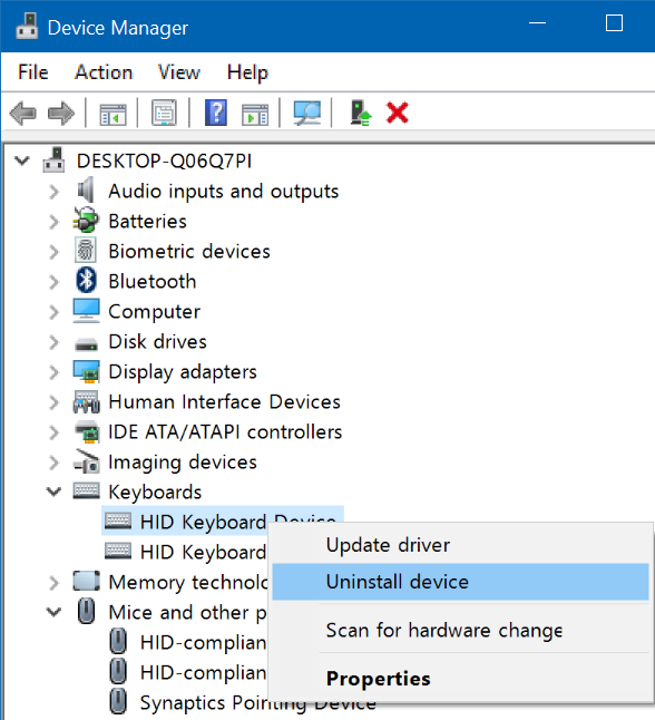using device manager to uninstall device