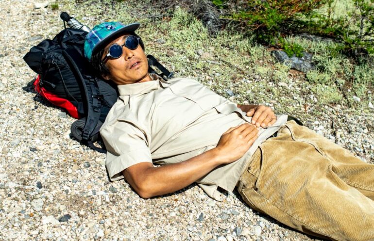 Hiker wearing a bamboo shirt