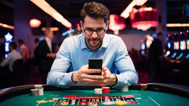 men play casino game on phone
