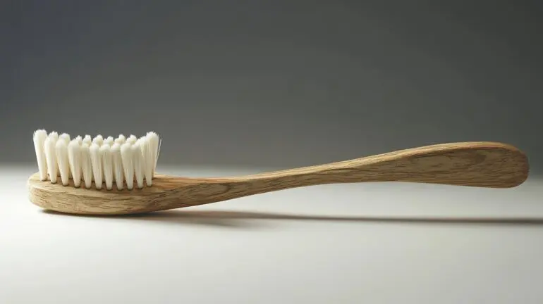 A handcrafted wooden toothbrush with soft white bristles, set against a neutral background, highlighting its sustainable design