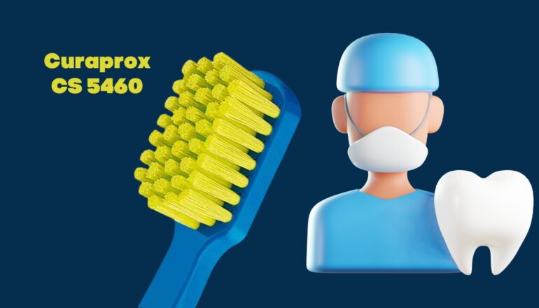 Curaprox CS 5460 toothbrush with soft yellow bristles, a dental professional icon, and a white tooth on a dark blue background