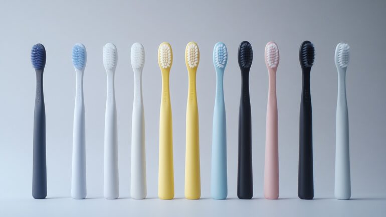 A row of modern, minimalist toothbrushes in various pastel and neutral colors, standing upright against a clean white background