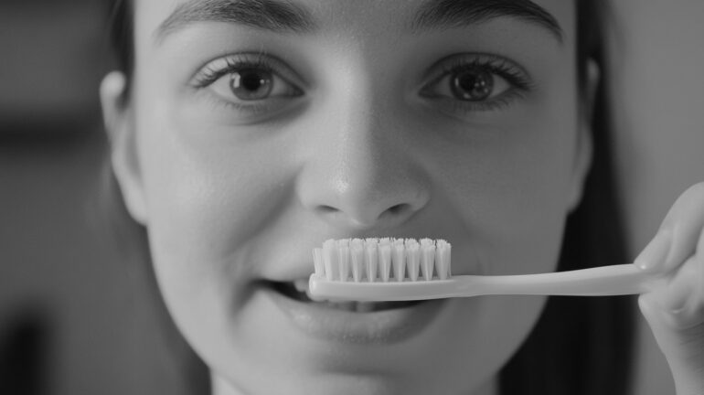 A close-up black and white image of a young woman holding a toothbrush near her teeth, preparing to brush