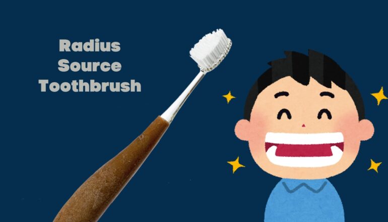 Radius Source Toothbrush with a brown ergonomic handle and white bristles, alongside a cartoon illustration of a smiling child with sparkling teeth