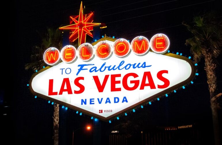 A picture of iconic Las Vegas “Welcome to Fabulous Las Vegas” sign taken at night.