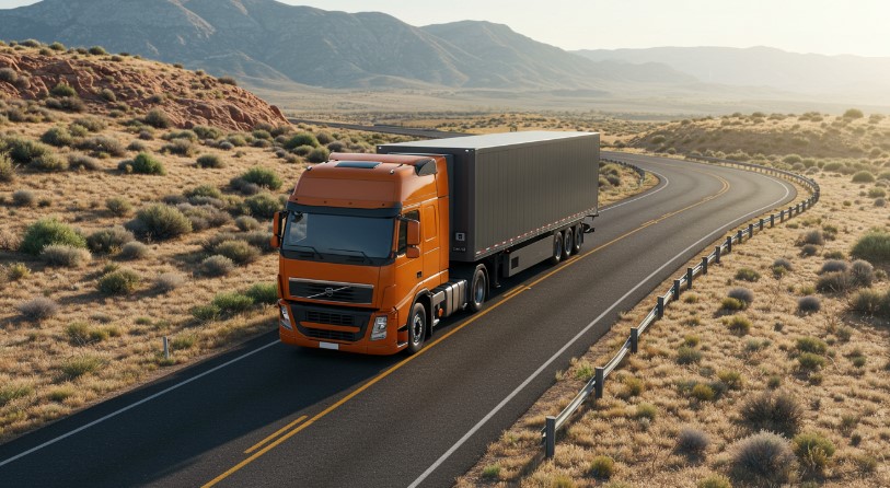 An orange semi-truck traverses a winding desert highway