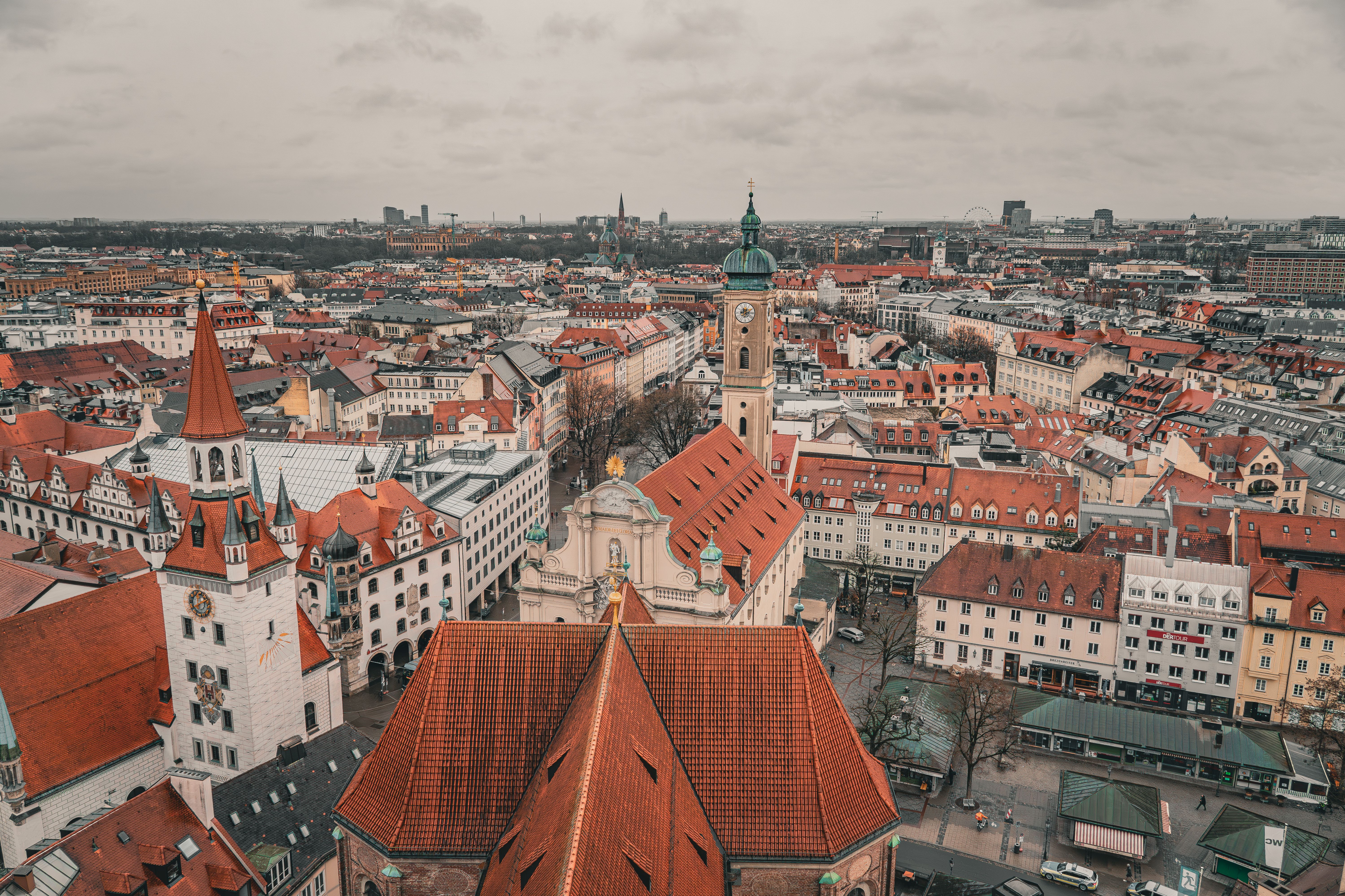 Aerial view of Munich's historic old town with its distinctive rooftops